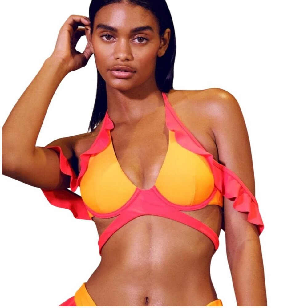 Andrea Iyamah Bikini Top Aisha Ruffled Gold & Red XS